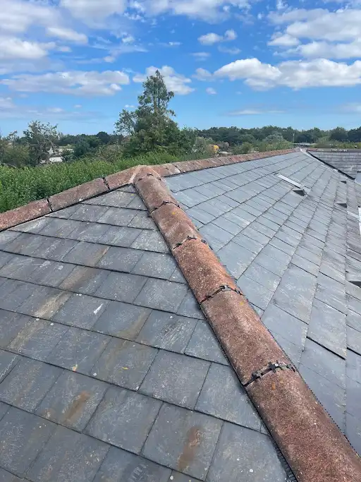 Slate roof with ridge tiles under a partly cloudy blue sky and trees in the background.