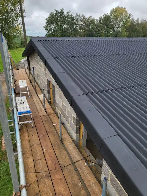 Building under construction with black corrugated roof and scaffolding on the side during daytime.